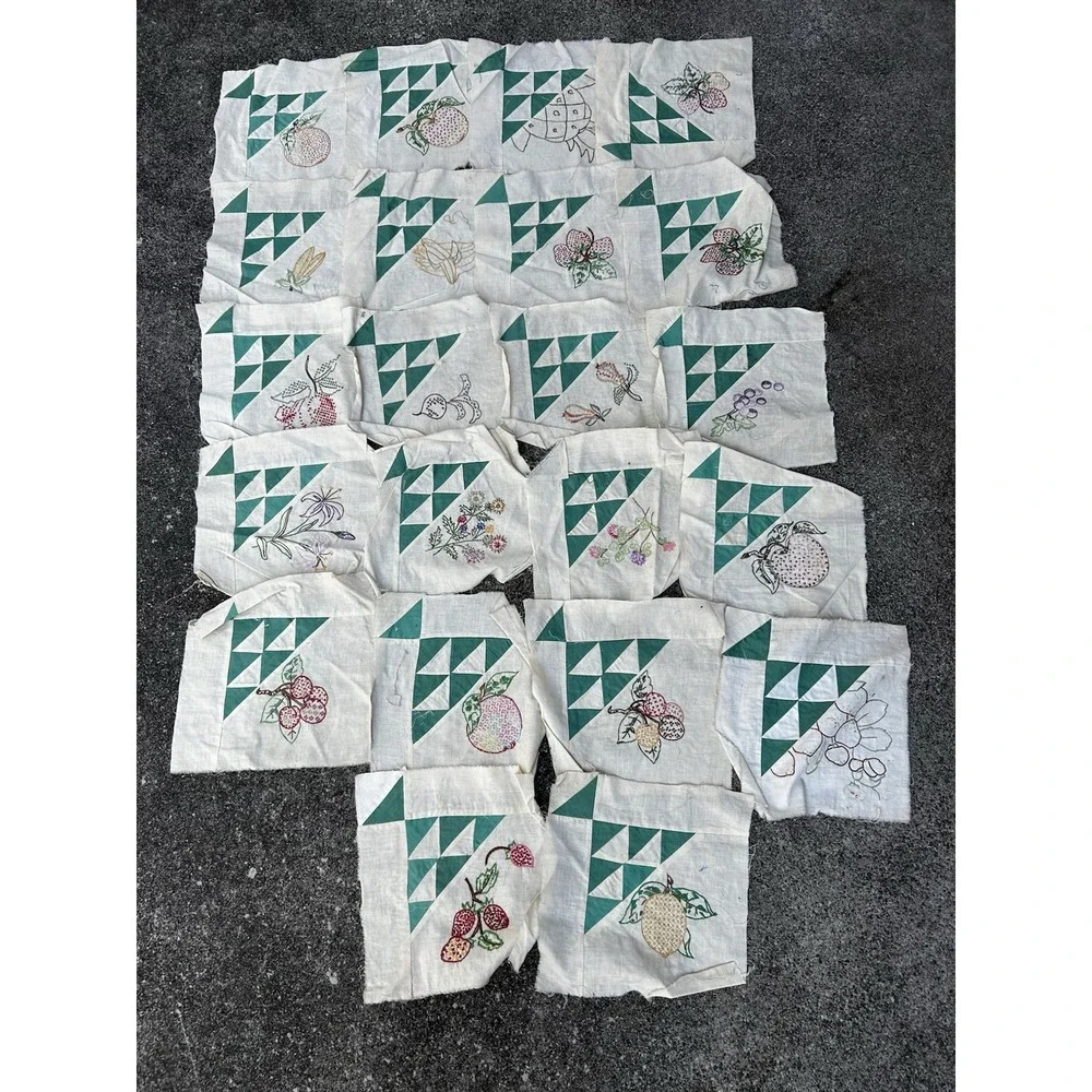 Vintage Quilt Blocks Appliqué Fruit & Vegetables - Handmade Unfinished Lot Of 22